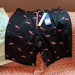 Men's Black Swim Board Shorts with Pink Shark Print